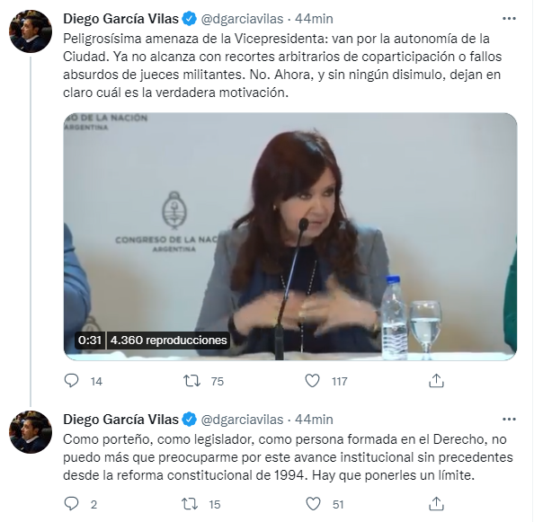 García Vilas tildó a los dichos de Cristina Kirchner como "peligrosísima amenaza"