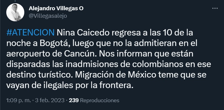 Las inadmisiones de viajeros colombianos hacia México se han disparado en los últimos meses debido al temor de que intenten cruzar la frontera con Estados Unidos en condición de ilegales (@Villegasalejo/Twitter)