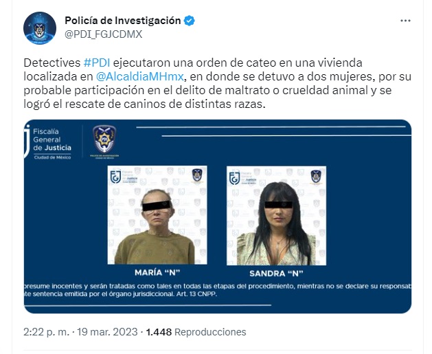 Dos mujeres fueron detenidas por supuesto maltrato animal en CDMX (Twitter/ @PDI_FGJCDMX)