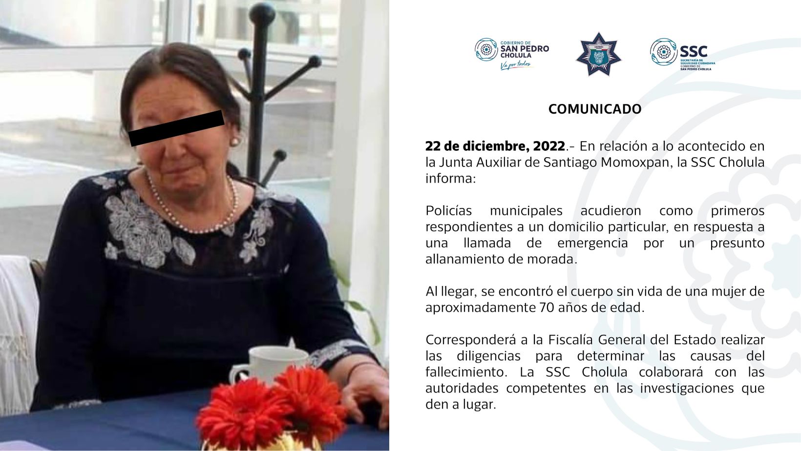 La maestra fue encontrada sin vida y con signos de violencia, al interior de su domicilio en Santiago Momoxpan, perteneciente a San Pedro Cholula, Puebla.
(@SSC_Cholula)
