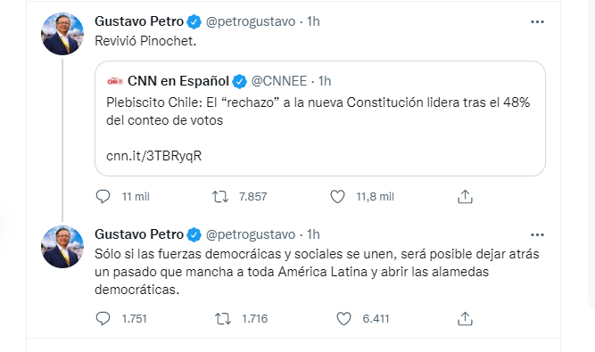 A través de su cuenta de Twitter, el presidente de Colombia Gustavo Petro se manifestó en contra del triunfo del 'rechazo' a la nueva Constitución de Chile. FOTO: vía Twitter