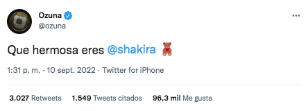 Ozuna dedicó sentido mensaje a Shakira a través de su cuenta de Twitter. Los artistas preparan una colaboración. Tomada de Twitter @ozuna