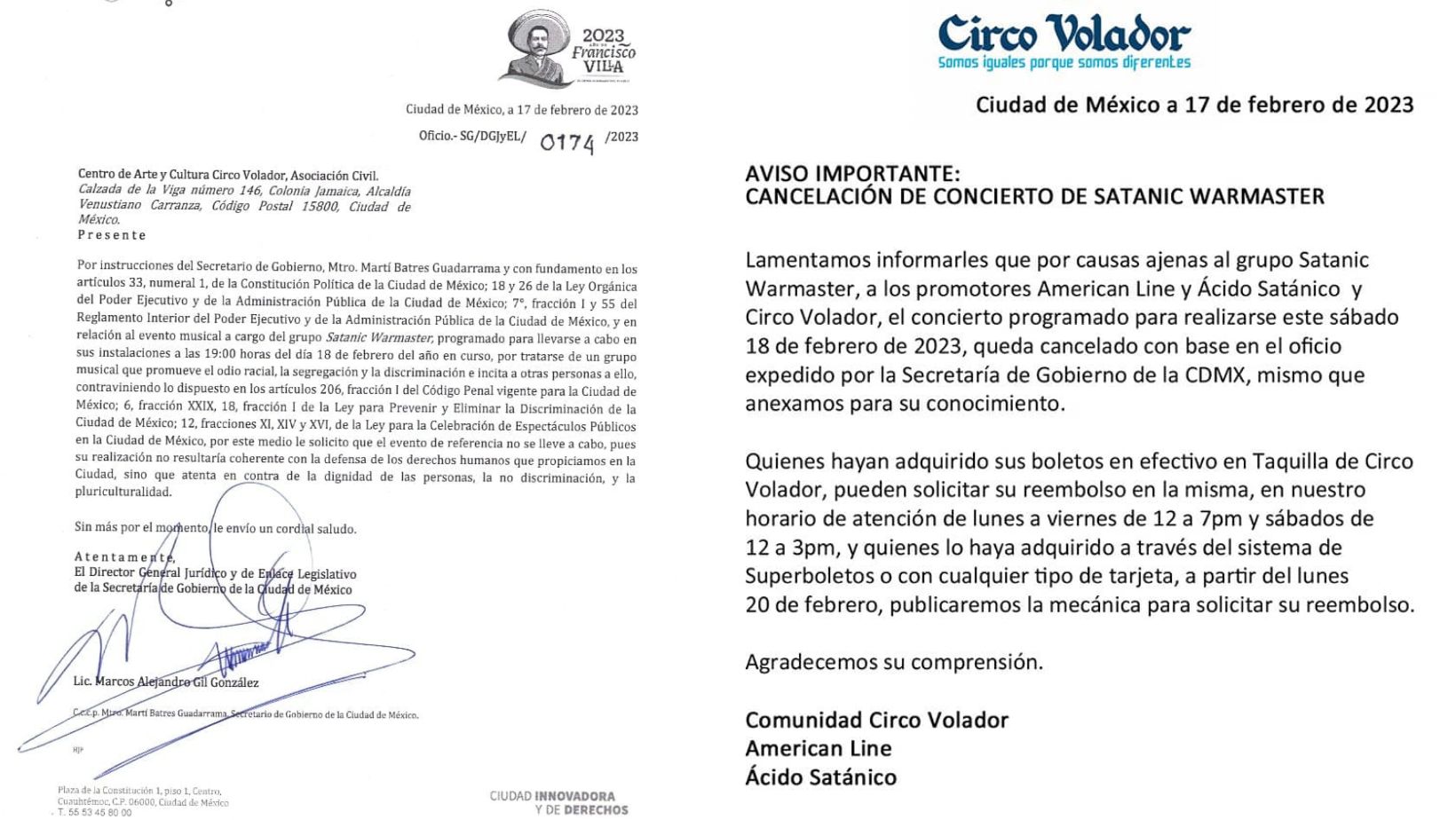 Statements issued by the Mexican authorities on the cancellation of the concert.  (Flying Circus/Government Secretary)