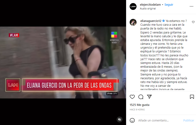 La respuesta de Eliana Guercio en el posteo de la cuenta oficial de LAM (Instagram)