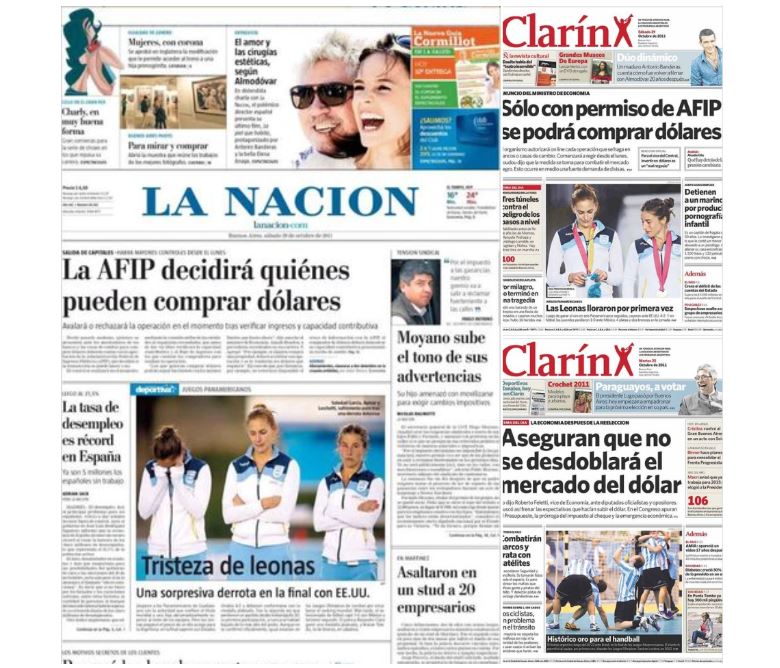 Diarios Clarín y La Nación de octubre de 2011. Cuando el tipo de cambio era 1 dólar  =  5 pesos