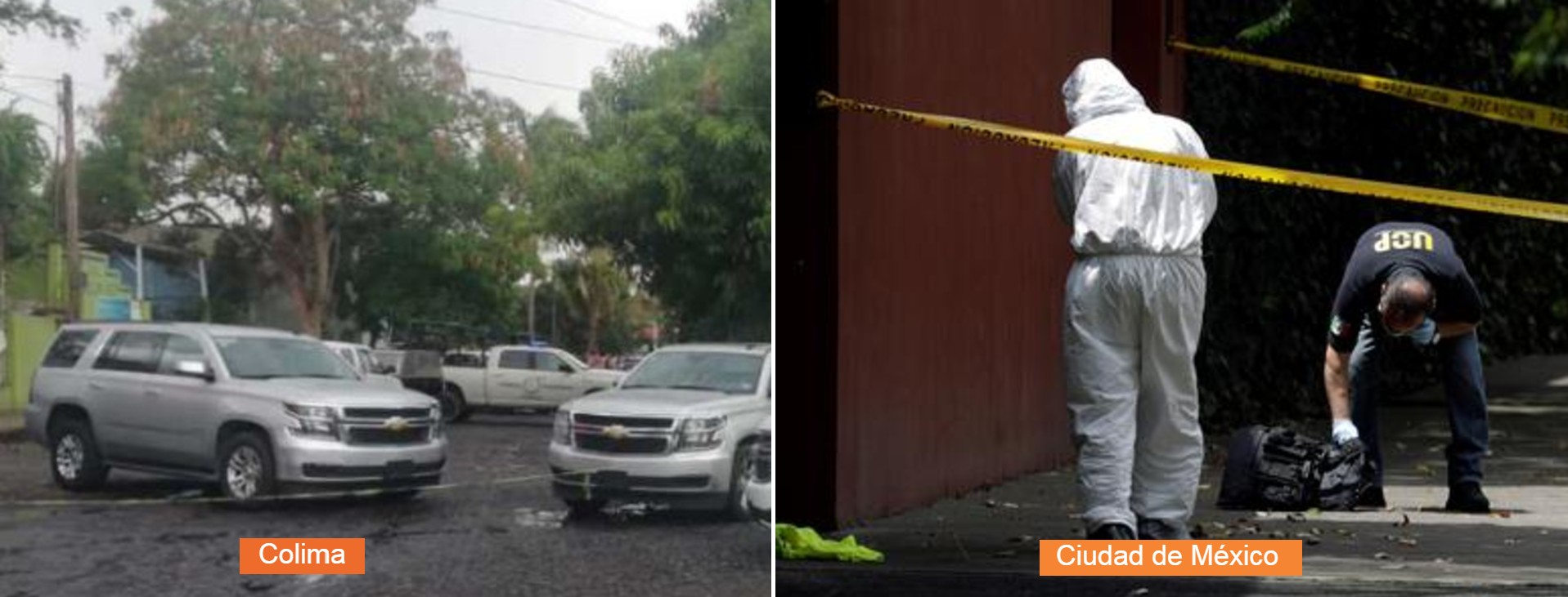 El CJNG aumentó el nivel de afrenta con el gobierno mexicano. La primera imagen muestra la escena del crimen donde murió el Juez Uriel Villegas y su esposa. La segunda fotografía pertenece al intento de asesinato contra el jefe de la policía de la CDMX