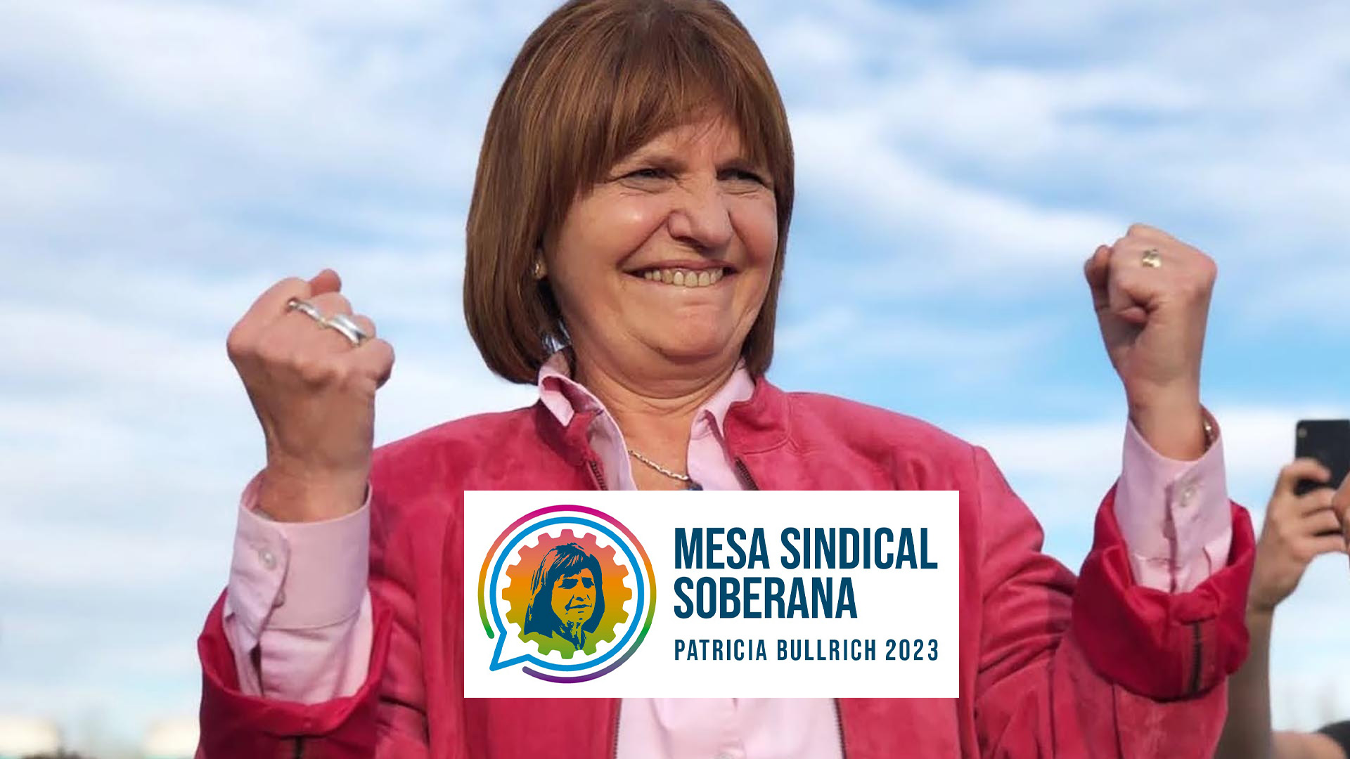 Patricia Bullrich y el logo de la flamante Mesa Sindical que promoverá su candidatura presidencial