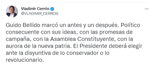 Vladimir Cerrón se pronuncia tras renuncia de Guido Bellido. (Foto: Twitter)