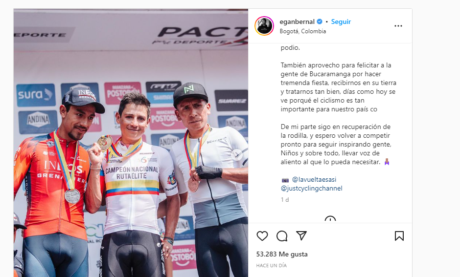 Egan Bernal publicó una foto del podio de los Campeonatos Nacionales de Ruta 2023 y envió un mensaje de agradecimiento a los aficionados en Bucaramanga. 