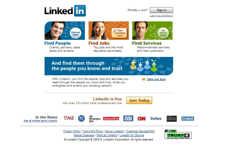 First version of the LinkedIn website (Capture)