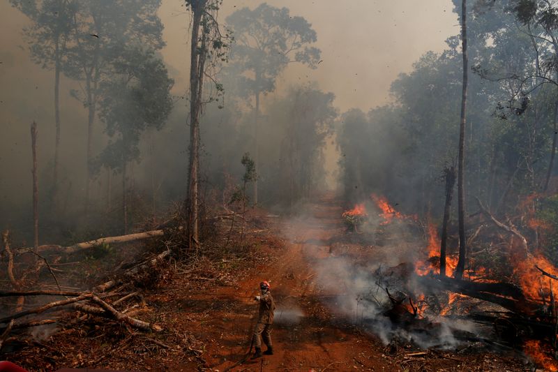 Un bombero combate las llamas en un incendio forestal en la ciudad de Uniao do Sul, en Mato Grosso, Brasil, 4 de septiembre de 2019.
REUTERS/Amanda Perobelli