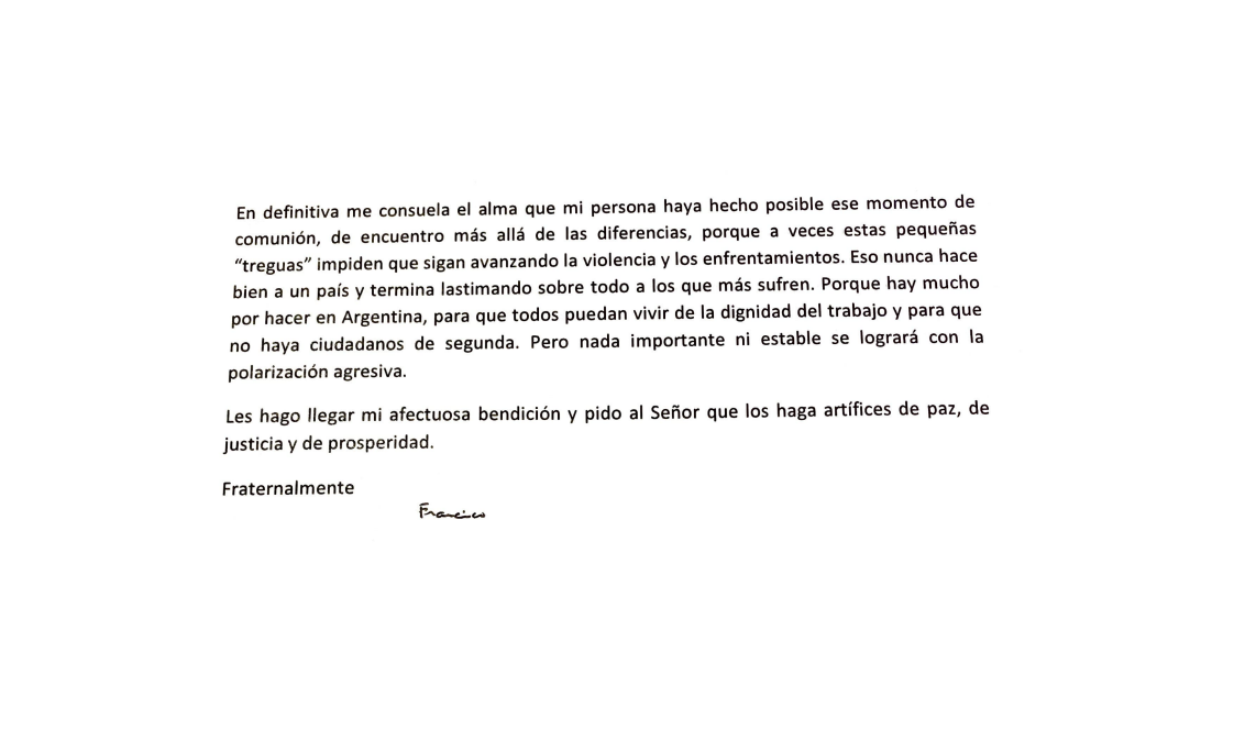 La carta enviada por el Papa constaba de dos páginas y fue dirigida al arzobispo de la ciudad de La Plata, monseñor Víctor Manuel Fernández
