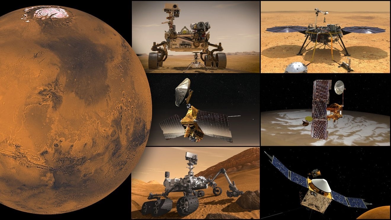 29-09-2021 Misiones de la NASA a Marte, en el sentido de las agujas del reloj desde la parte superior izquierda: rover Perseverance y helicóptero Ingenuity, módulo de aterrizaje InSight, orbitador Odyssey, orbitador MAVEN, rover Curiosity y Mars Reconnaissance (NASA/JPL-CALTECH)
