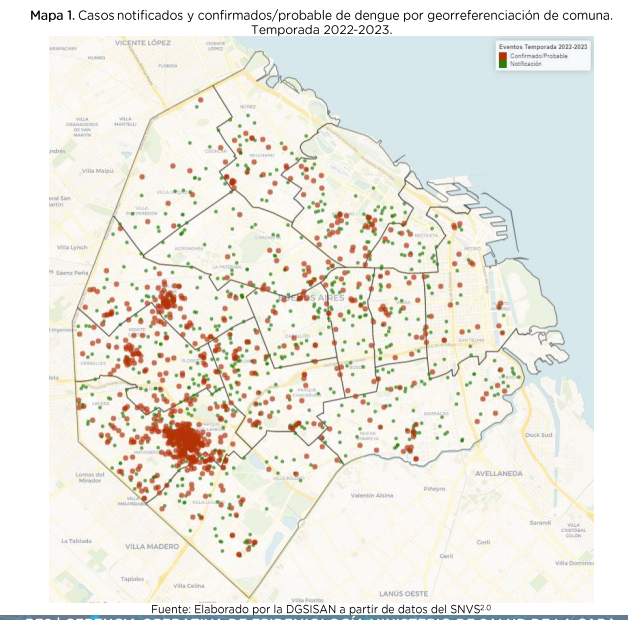 Mapa de casos de dengue en la Ciudad de Buenos Aires, según el Boletín Epidemiológico del Ministerio de Salud del distrito