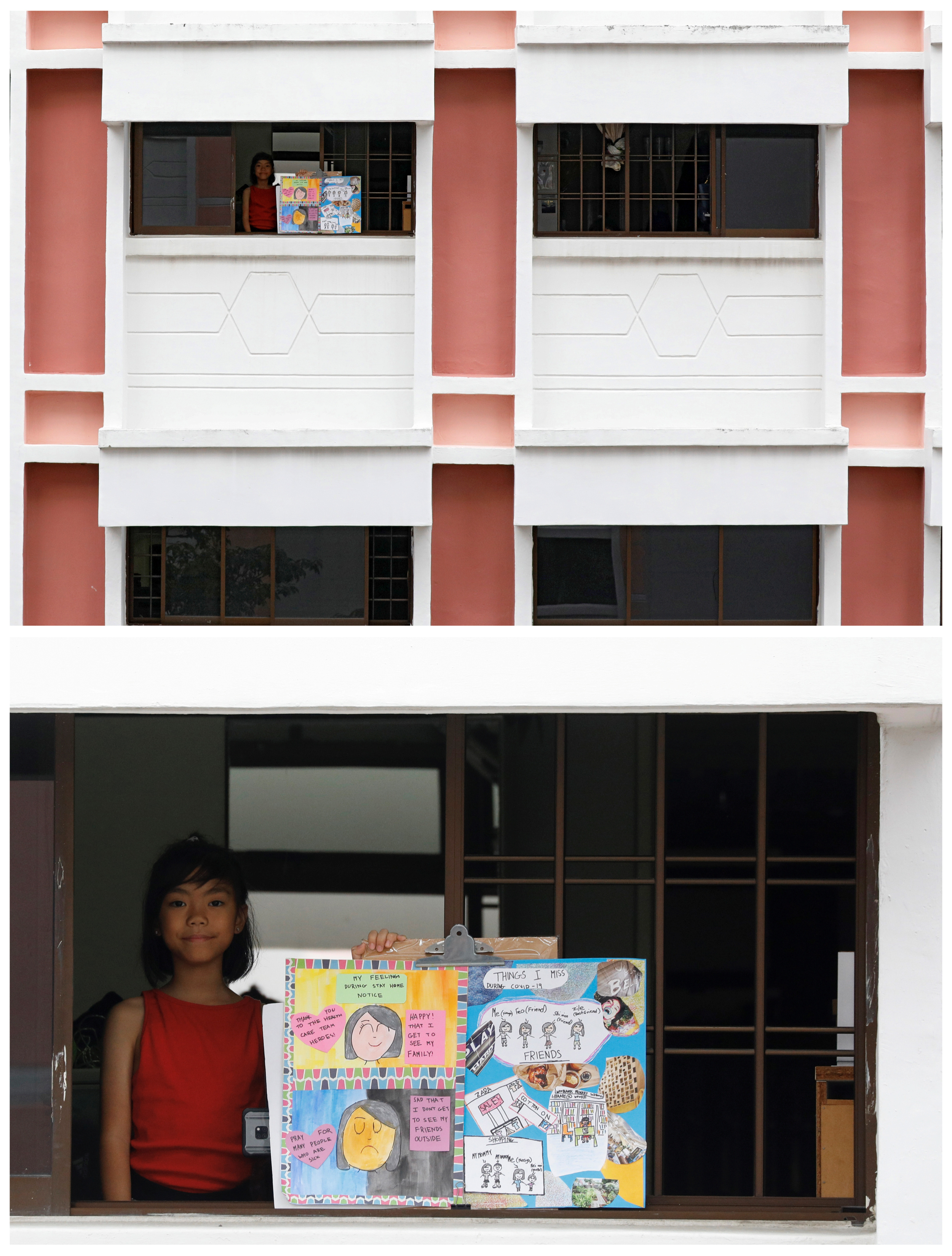 Un montaje fotográfico muestra a Nasya Danial Cheng, 8, posando para la foto mientras sostiene un dibujo que hizo durante el brote de coronavirus, parada frente a una ventana de su casa en Singapur, el 18 de abril pasado.