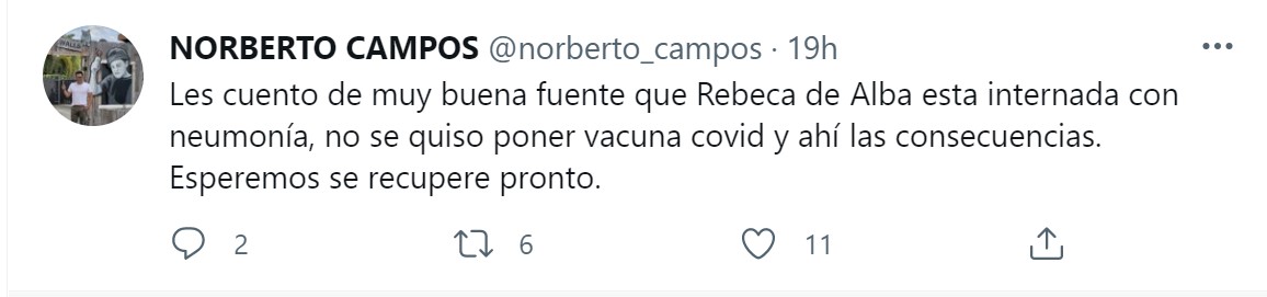 El reportero Norberto Campos informó de la supuesta hospitalización de Rebecca de Alba (Foto: Captura de pantalla de Twitter/@norberto_campos)