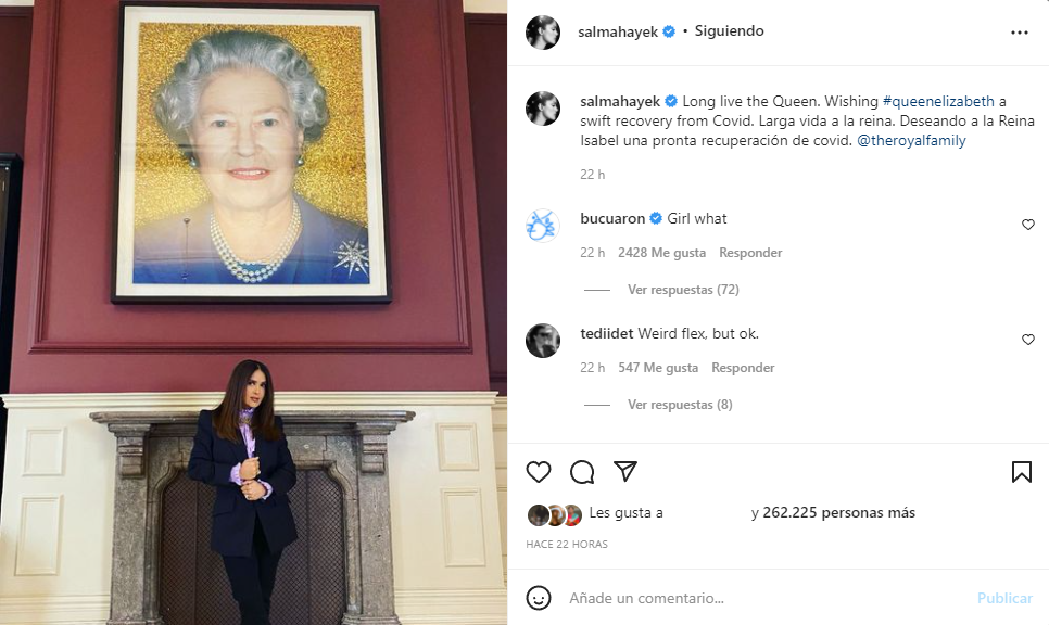 La actriz deseó la pronta recuperación de la monarca con esta fotografía que publicó en su perfil de Instagram
(Captura: @salmahayek/Instagram)