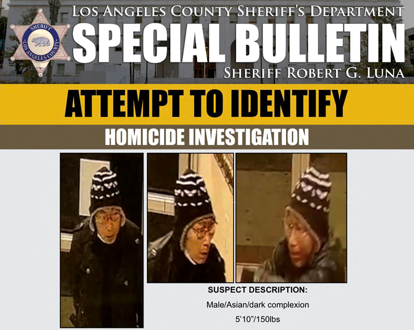 Three still images from surveillance video of a suspicious Asian man appear in a Los Angeles County Sheriff's Department bulletin, following the mass shooting during a Lunar New Year celebration in Monterey Park, California, USA, 22 February. January 2023. Los Angeles County Sheriff's Department/Handout via REUTERS  