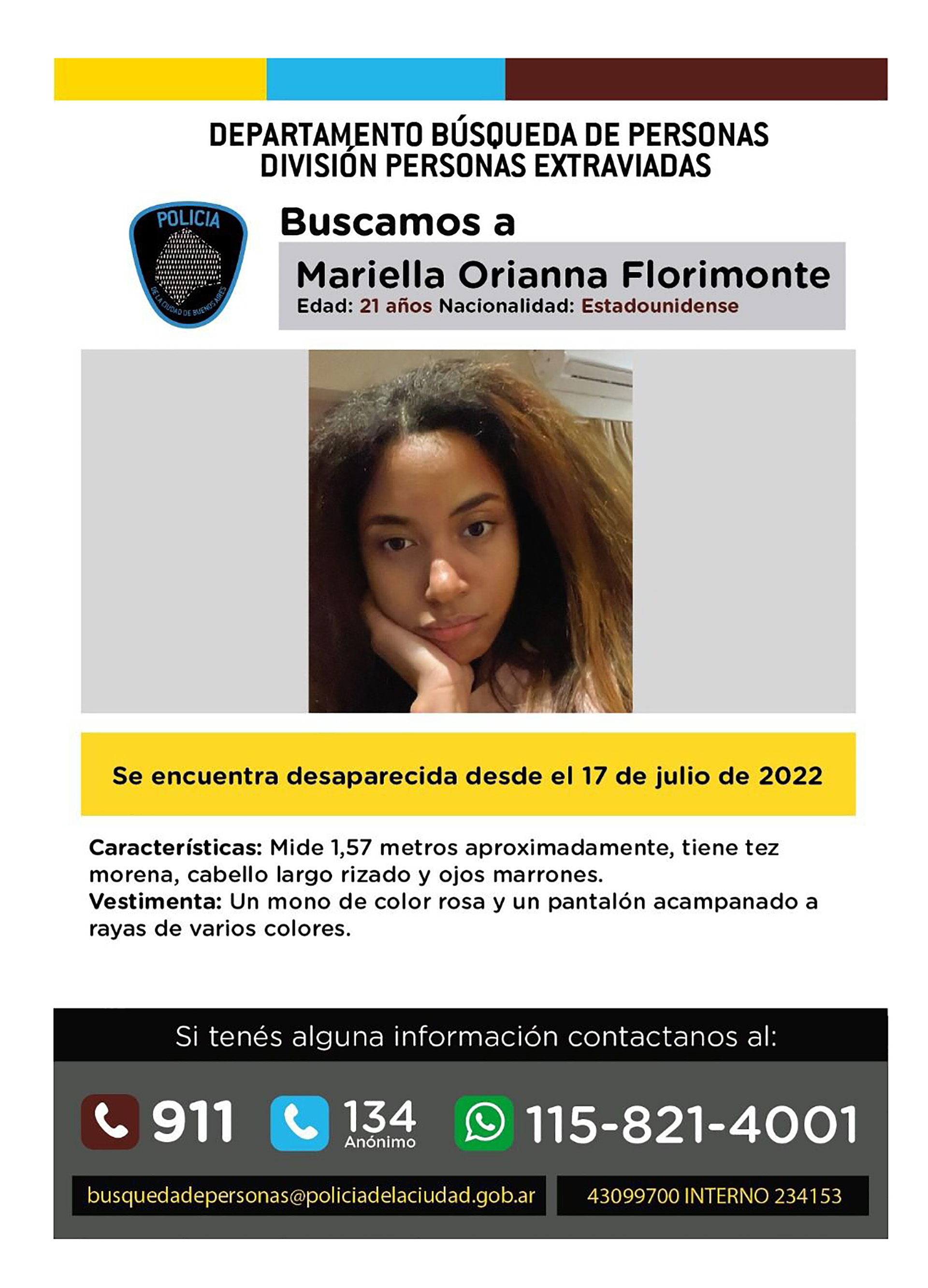 Desde el Departamento de Búsqueda de Personas de la Policía de la Ciudad emitieron un comunicado solicitando colaboración en la búsqueda de la joven
