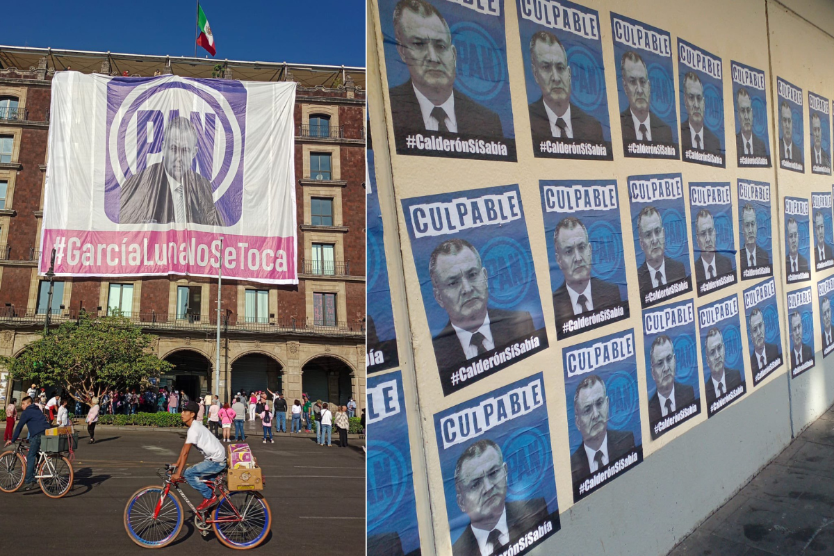 Una megamanta de Gernaro García Luna y el PAN se desplegó en el Zócalo capitalino, donde decenas de ciudadanos se congregaron para participar en la marcha en defensa del INE (Foto: Captura de pantalla)