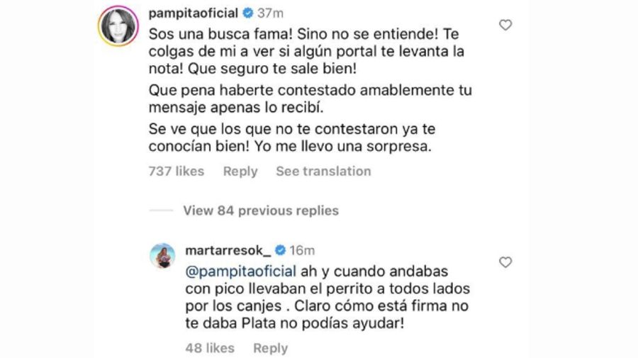 La respuesta de Pampita a Mar Tarrés (Instagram)