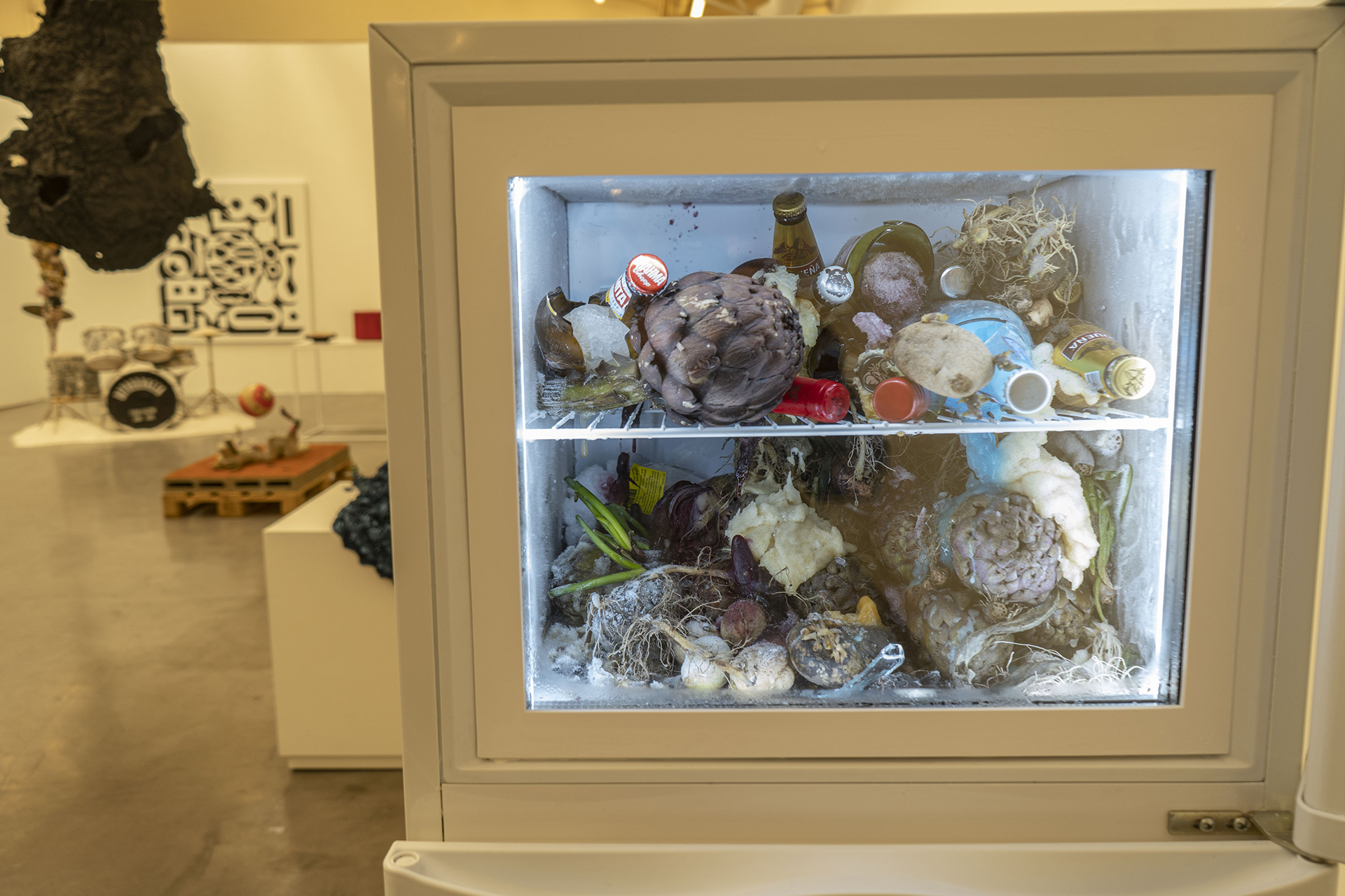 A glass-enclosed refrigerator with rotting food, from the series "Renaissance" by the artist Adrián Villar Rojas (photo pepe mateos)