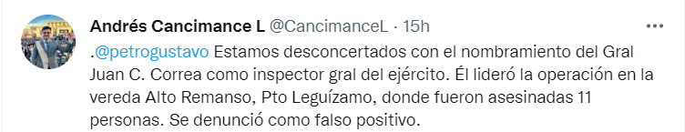 Andrés Cancimance sobre general Correa Consuegra. Tomado de Twitter.