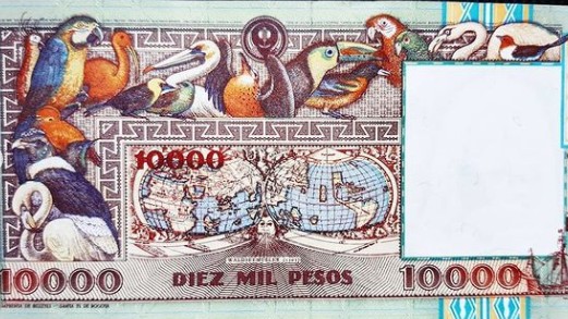 Reverso del billete colombiano donde se representa un conjunto de bellas aves. (Especial/IG: @caza_billetes)
