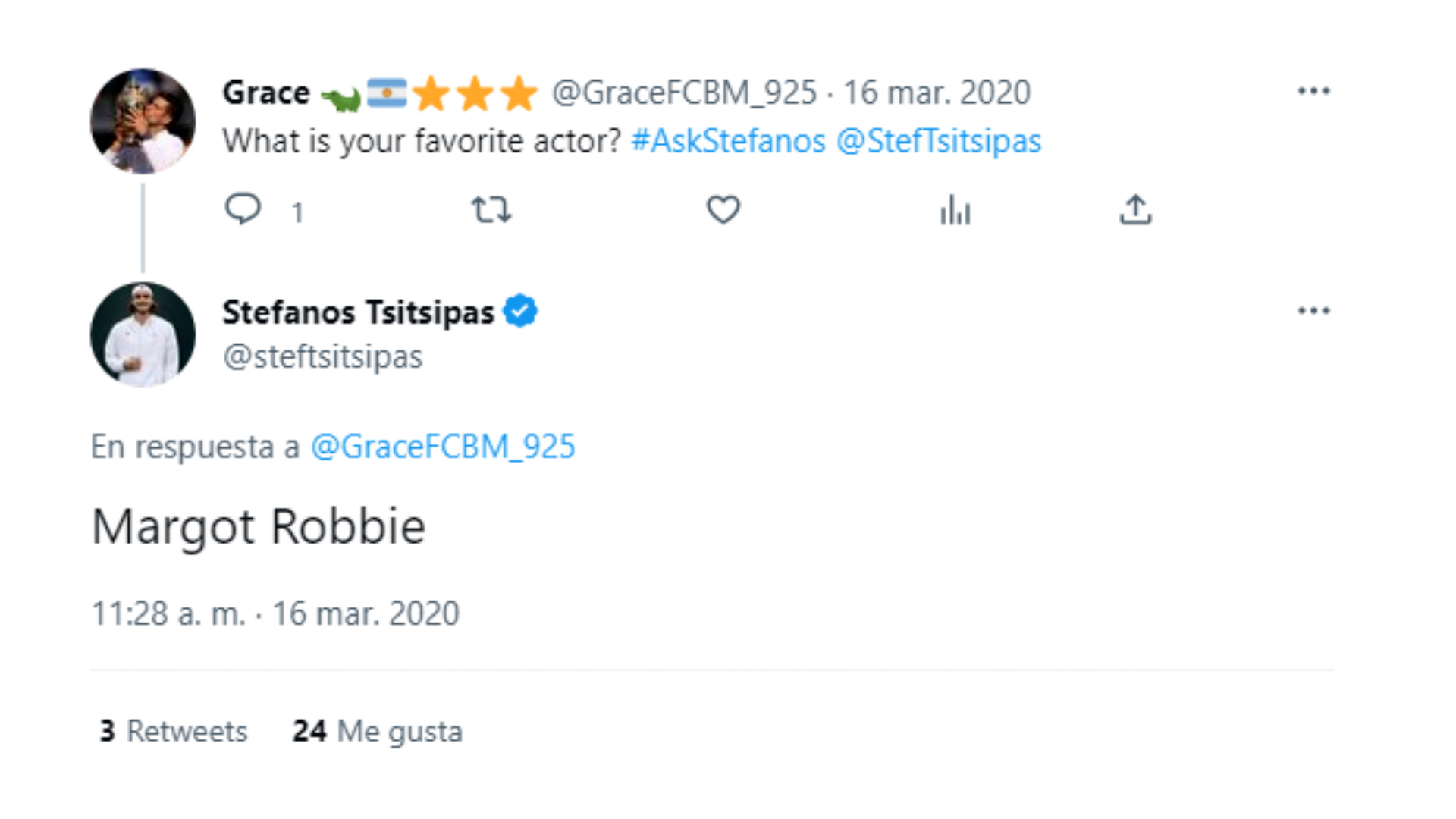 Ya en 2020, Tsitsipás eligió a Margot Robbie como su actriz favorita