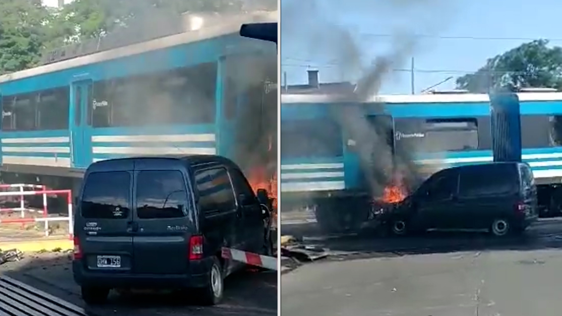 Castelar: una camioneta cruzó con las barreras bajas e impactó contra un tren y se prendió fuego