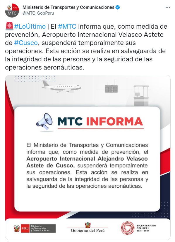 Aeropuerto del Cusco suspende sus operaciones por las protestas