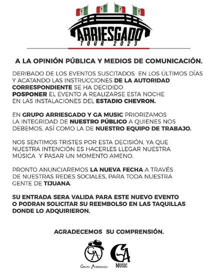 El comunicado fue lanzado a las 19:00 horas, poco antes de que el concierto comenzara y cuando la agrupación ya había ensayado (Instagram/@grupoarriesgadooficial)