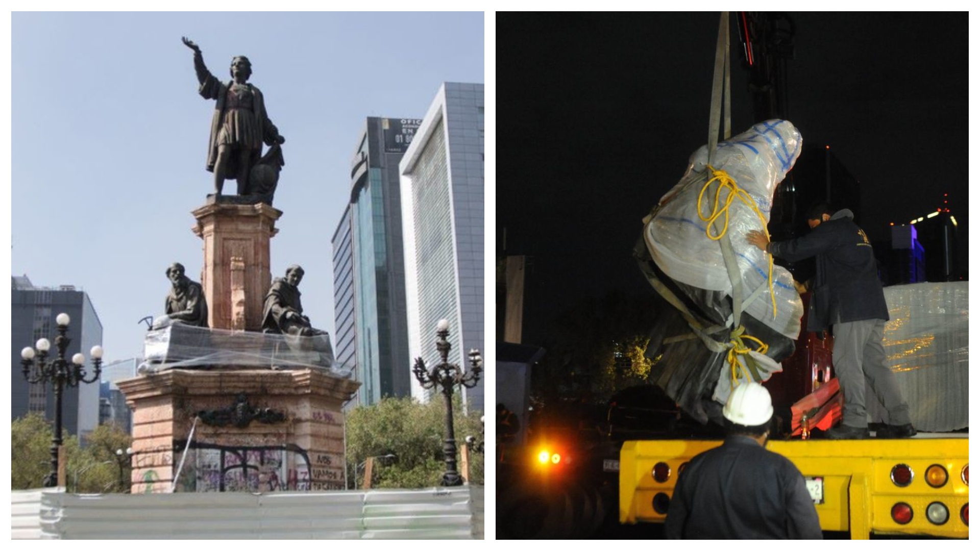 Los operarios retiran la estatua de Colón de la avenida Reforma en Ciudad de México. No hay fecha para su regreso (Foto: Cuartoscuro)