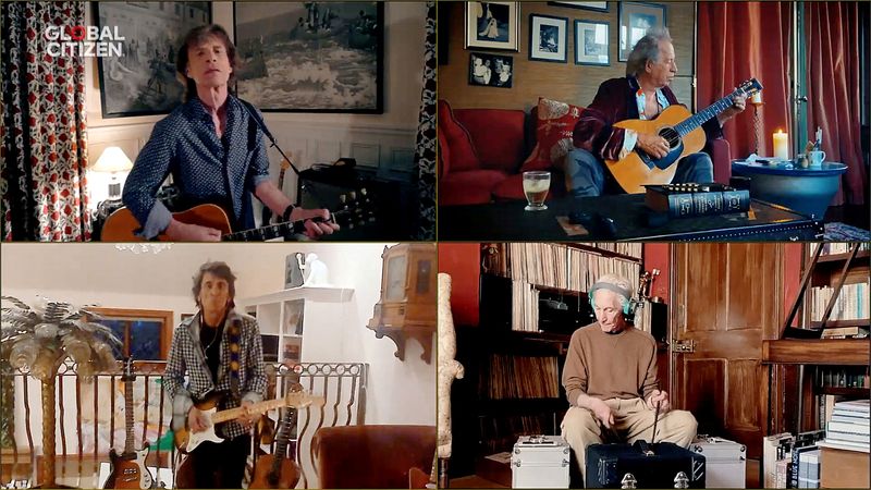 Captura de pantalla de un video que muestra a Mick Jagger, Keith Richards, Ronnie Wood y Charlie Watts de ''The Rolling Stones'' tocando durante el evento ''One World: Together at Home'' (Global Citizen/Handout via REUTERS)