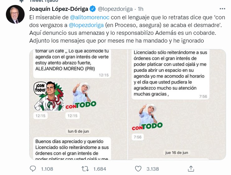 Joaquín López-Dóriga respondió a las amenazas de Alejandro Moreno a través de sus redes sociales