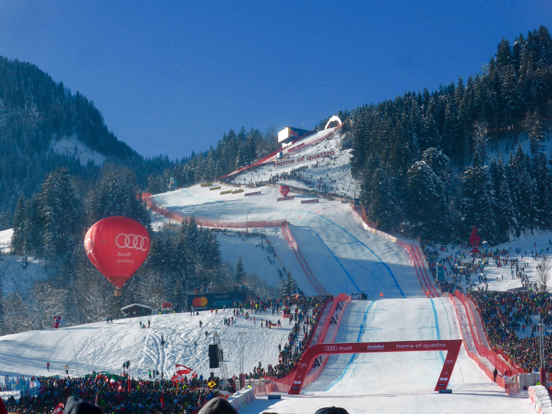 Fans pack the lower section of the Hahnenkamm downhill course in Kitzbuhel (Pinelli)