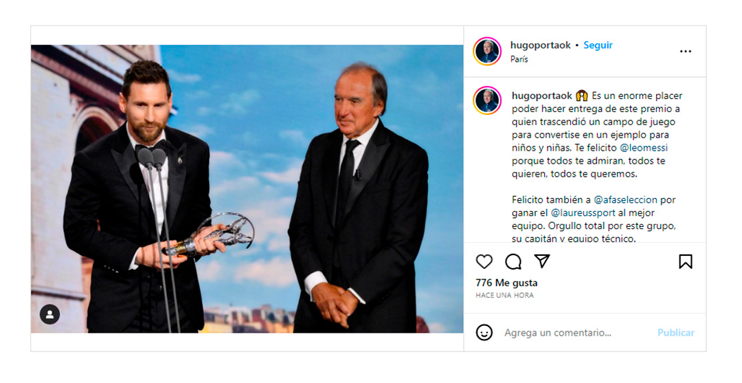 La publicación que hizo Hugo Porta luego de entregarle el premio Laureus a Lionel Messi (Instagram)
