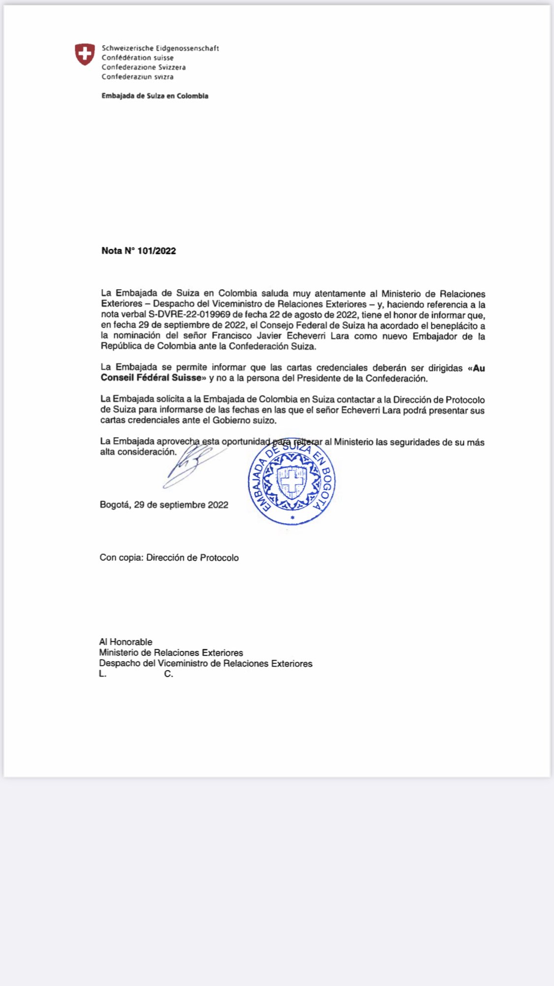 Lettera di approvazione del Consiglio Federale Svizzero riguardante Francisco Echeverri