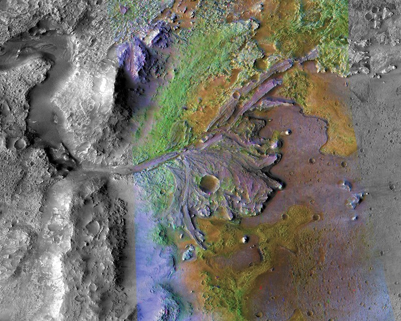 Un delta se formó en el cráter Jezero hace miles de millones de años, cuando un antiguo río (cuyo lecho se muestra a la izquierda) fluyó hacia la formación y depositó sedimentos (centro de la imagen). Los sedimentos tienden a contener materia orgánica, por lo que es un buen lugar para buscar signos de vida antigua (NASA/JPL/JHUAPL/MSSS/Universidad de Brown)

