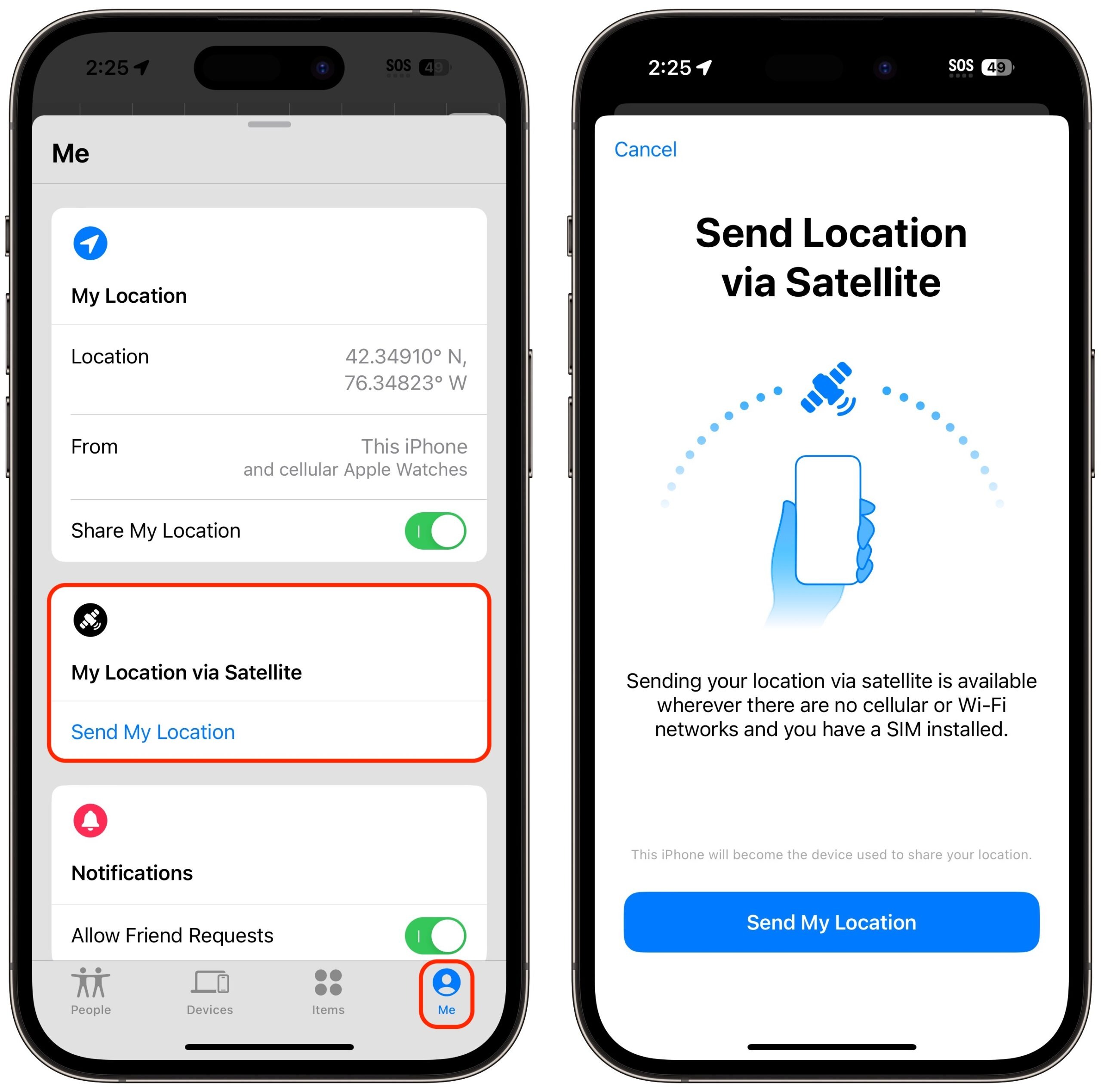 Enviar ubicación vía satélite a contactos. (Apple)