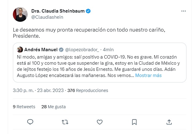 Claudia Sheinbaum mandó un mensaje a López Obrador tras confirmar su contagio por COVID-19 (Twitter/@Claudiashein)