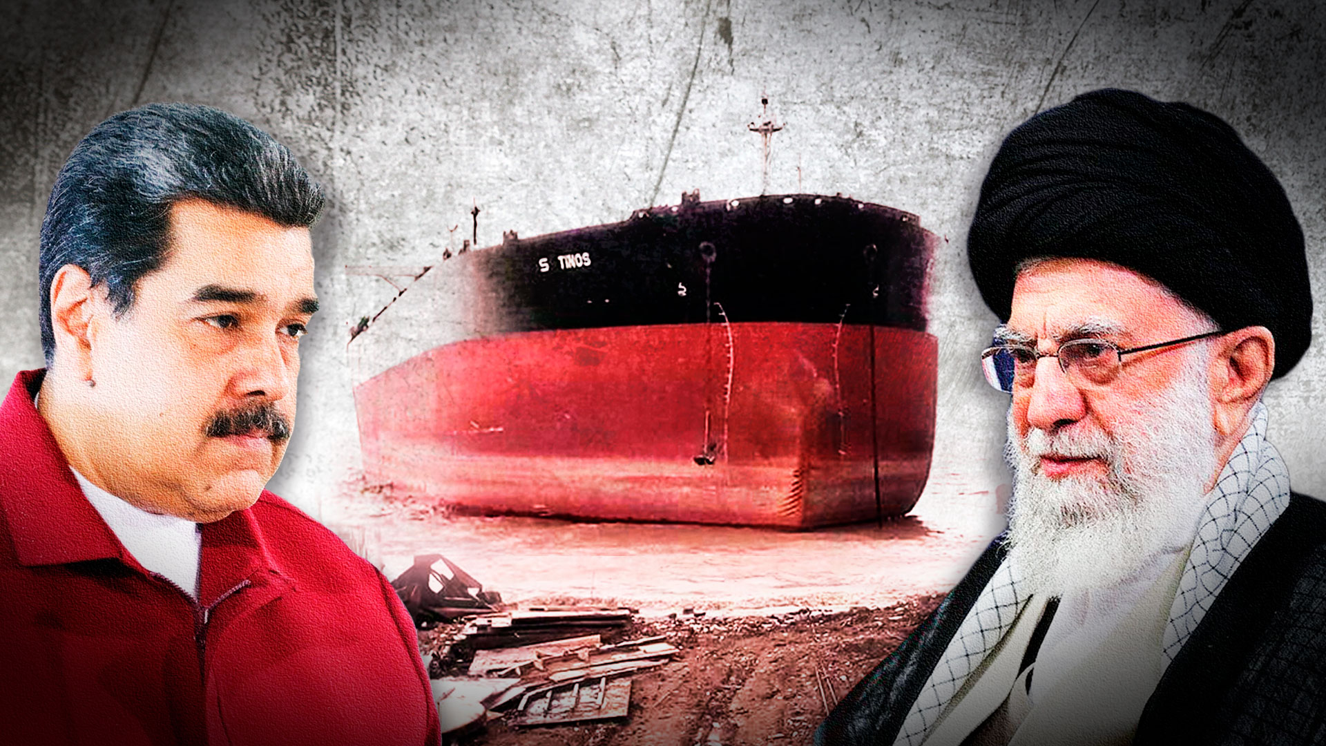 Nicolás Maduro, el buque tanque ya desaparecido S-TIINOS y el Ayatollah Khamenei. Los lazos entre ambos regímenes se fortalecen a fuerza del tráfico de crudo (Infobae)