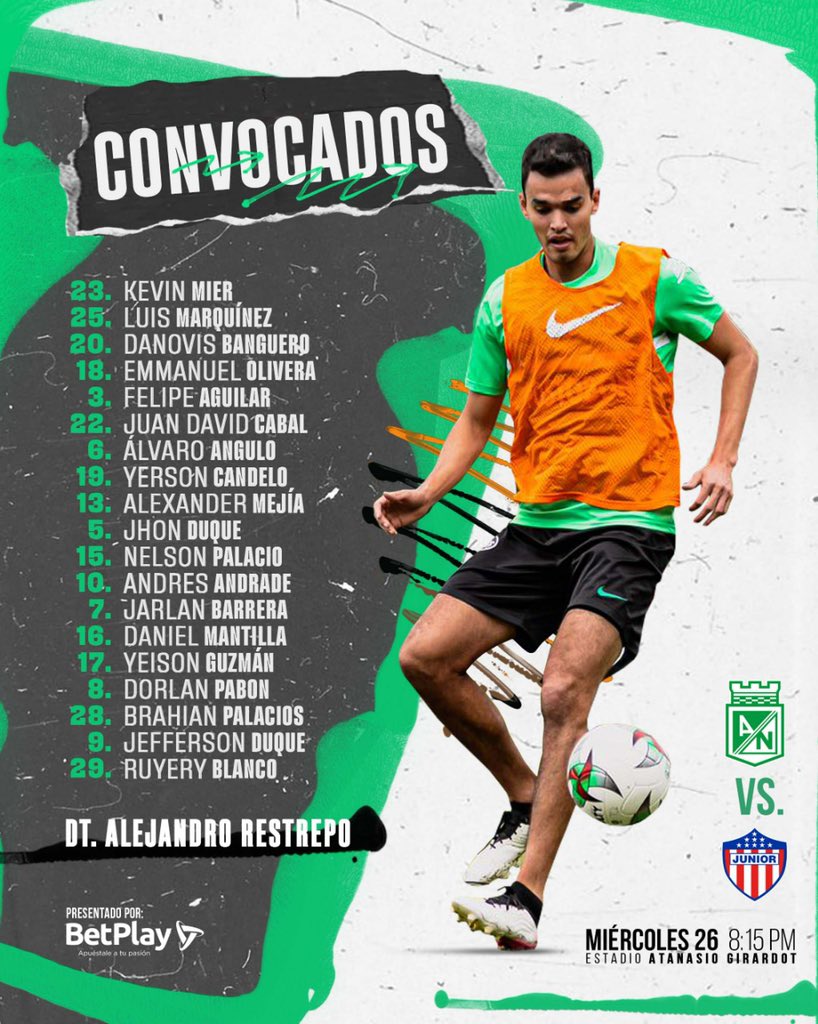 Convocados de Atlético Nacional para enfrentar a Junior de Barranquilla. Fecha 2, Liga BetPlay I-2022