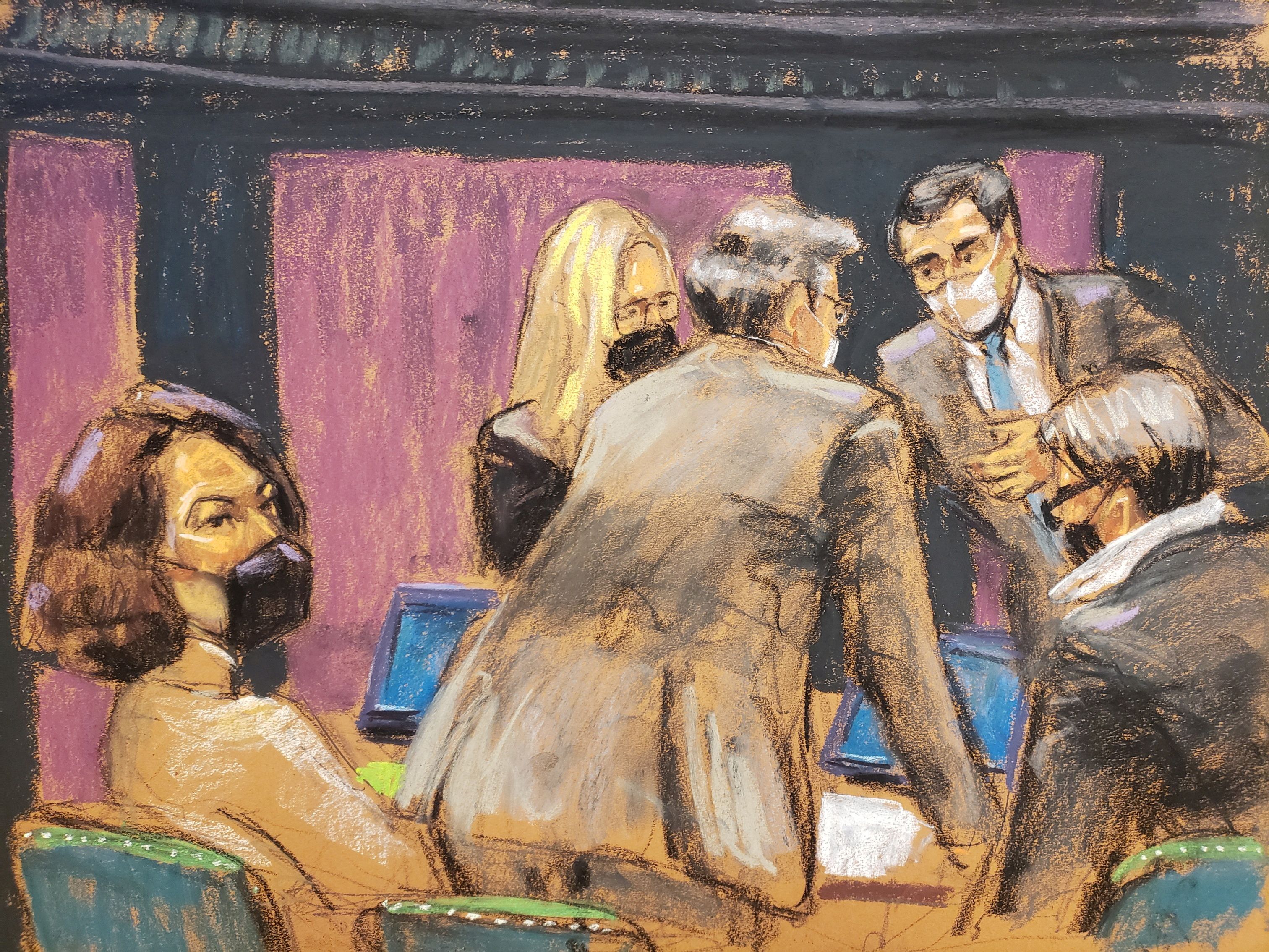 La asociada de Jeffrey Epstein, Ghislaine Maxwell, se sienta con los abogados defensores para discutir cómo responder a una nota del jurado, mientras las deliberaciones se extendían a una segunda semana en un boceto de la sala de audiencias en la ciudad de Nueva York, 27 de diciembre de 2021. REUTERS/Jane Rosenberg