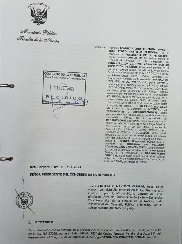 La denuncia constitucional de la Fiscalía de la Nación contra el presidente Pedro Castillo.