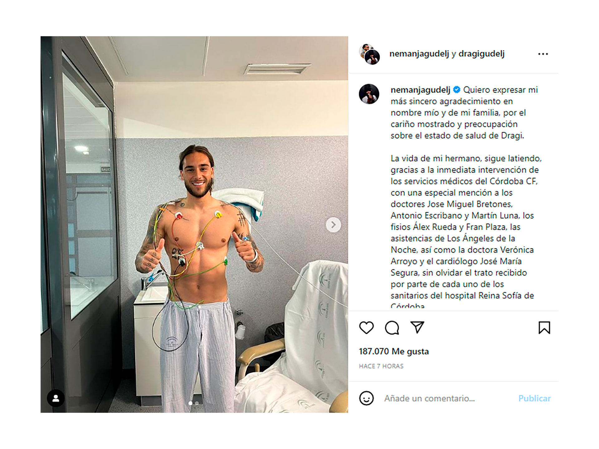 El texto de Nemanja Guedlj en agradecimiento a los médicos que le salvaron la vida a su hermano Dragi, quien sufrió un paro cardíaco durante un partido de fútbol en España (Instagram)