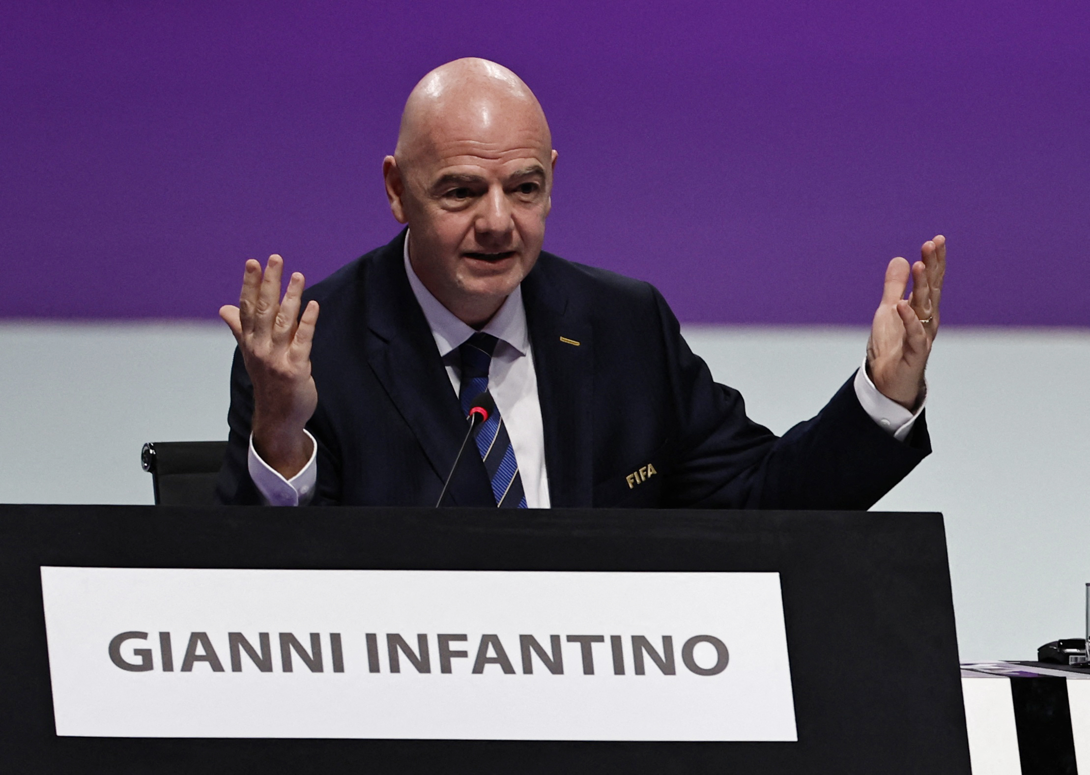 Soccer Football - 72nd FIFA Congress - Doha Exhibition & Convention Center, Doha, Qatar - March 31, 2022 FIFA president Gianni Infantino reacts during the FIFA Congress REUTERS/Hamad I Mohammed