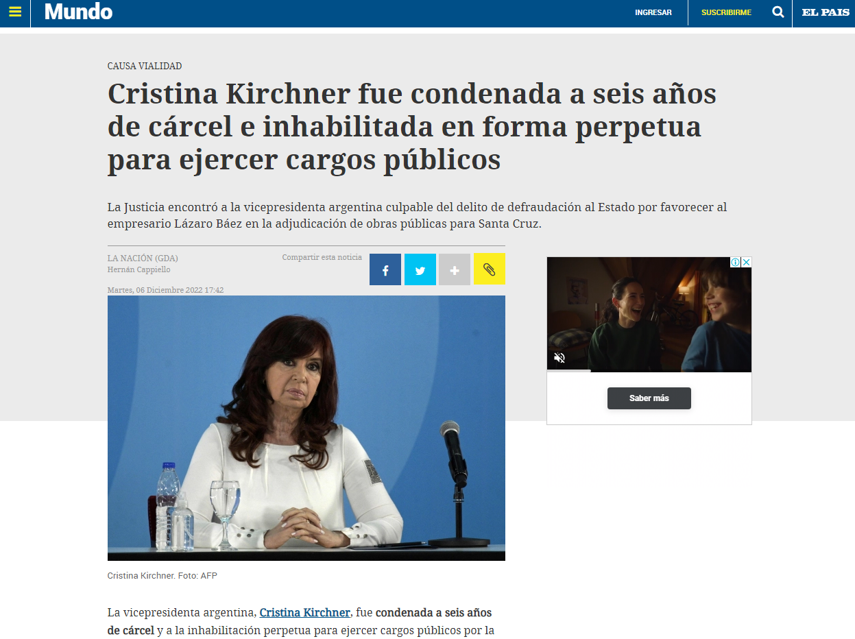 La reacción de El País ante la condena de la vicepresidenta argentina Cristina Fernández de Kirchner