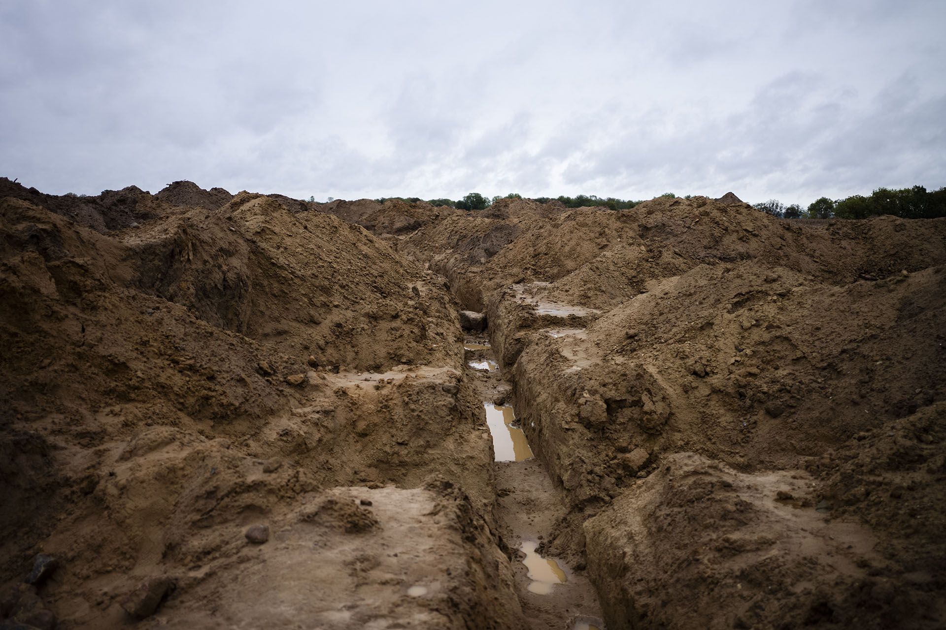 Líneas de trincheras enterradas durante mucho tiempo y posiciones militares fueron excavadas para buscar soldados caídos de la Segunda Guerra Mundial cerca de la aldea de Klessin, Alemania (Foto AP / Markus Schreiber)