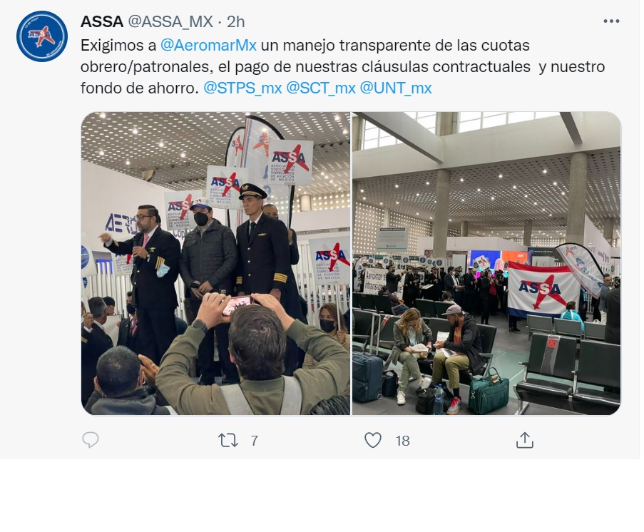 
"@ASSA_MX Exigimos a @AeromarMx un manejo transparente de las cuotas obrero/patronales, el pago de nuestras cláusulas contractuales  y nuestro fondo de ahorro. @STPS_mx @SCT_mx @UNT_mx". (Foto: twitter/@ASSA_MX).